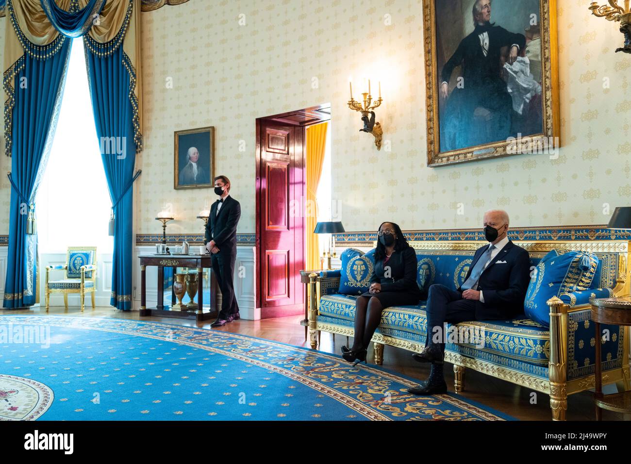 President Joe Biden waits in the Blue Room with Judge Ketanji Brown Jackson, Friday, February 25, 2022, prior to announcing her nomination to the U.S. Supreme Court. (Official White House Photo by Adam Schultz) Stock Photo