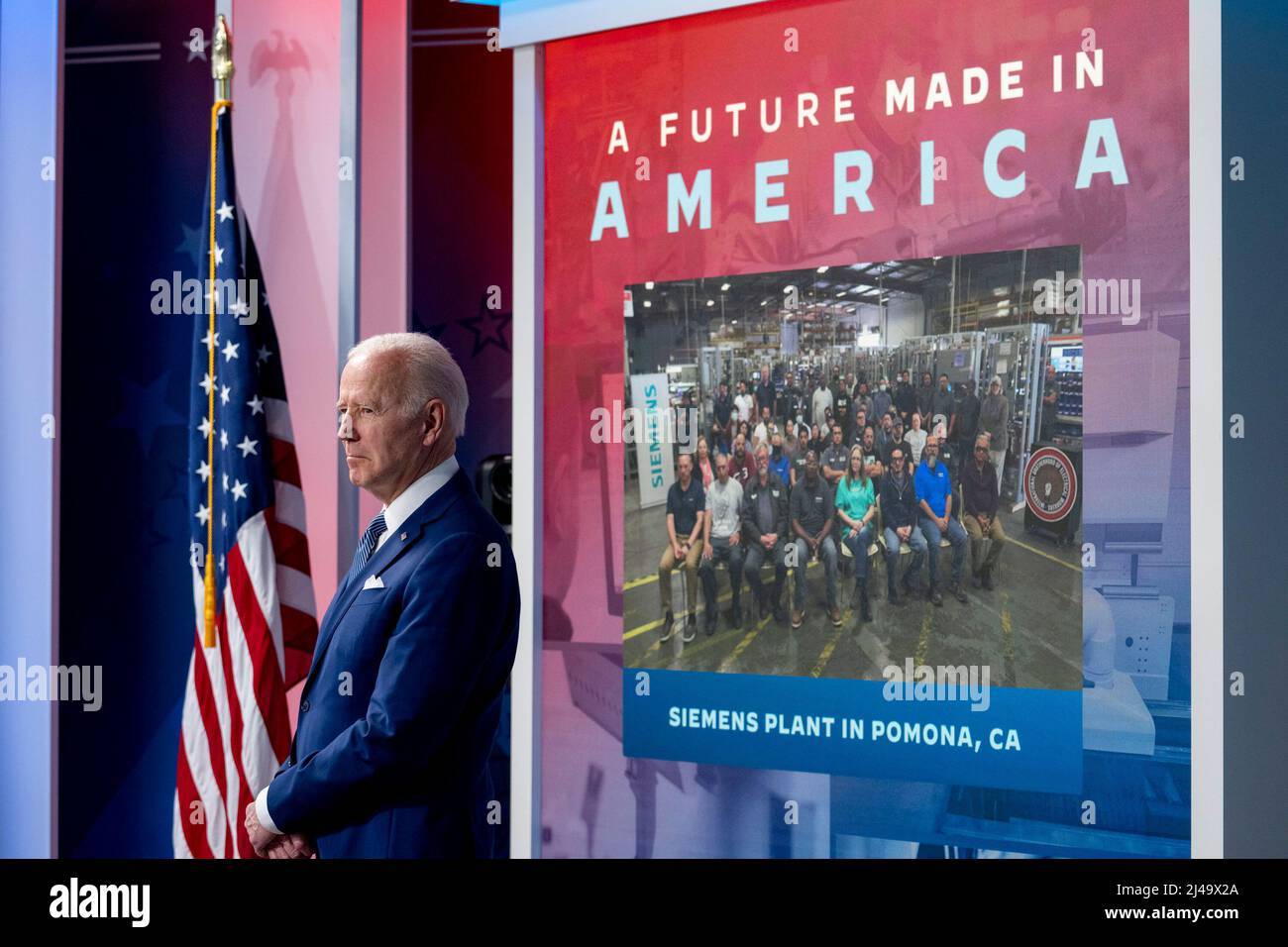 President Joe Biden delivers remarks at an announcement with Siemens on a “Future Made in America”, Friday, March 4, 2022, in the South Court Auditorium of the Eisenhower Executive Office Building at the White House. (Official White House Photo by Erin Scott) Stock Photo