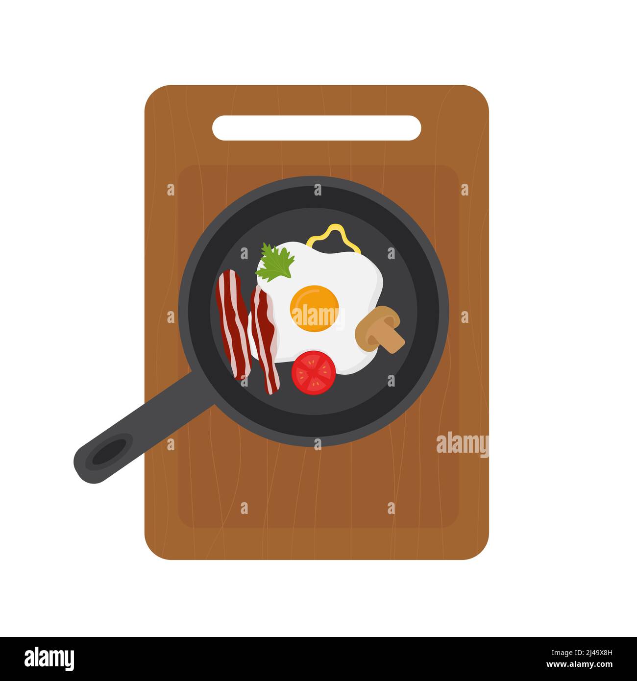 Fried egg in a pan with vegetables on a cutting board Stock Vector