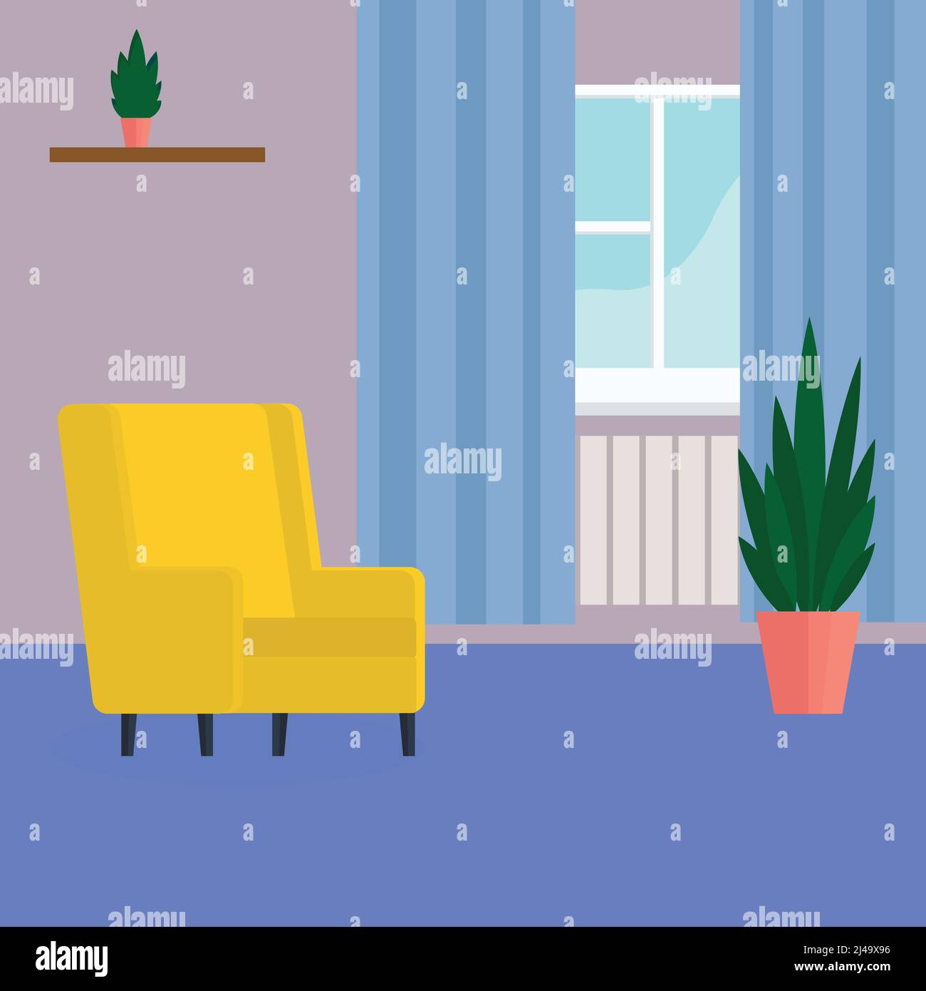 Cozy living room with yellow sofa. FLat vector illustration Stock ...