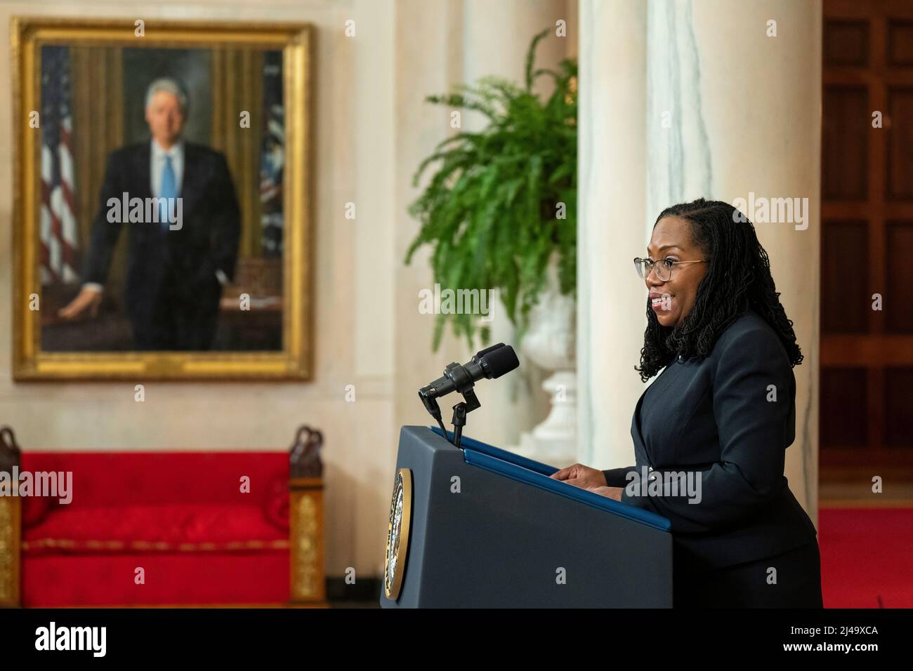 U.S. Supreme Court nominee Judge Ketanji Brown Jackson delivers remarks in the Grand Foyer of the White House, Friday, February 25, 2022. (Official White House Photo by Adam Schultz) Stock Photo