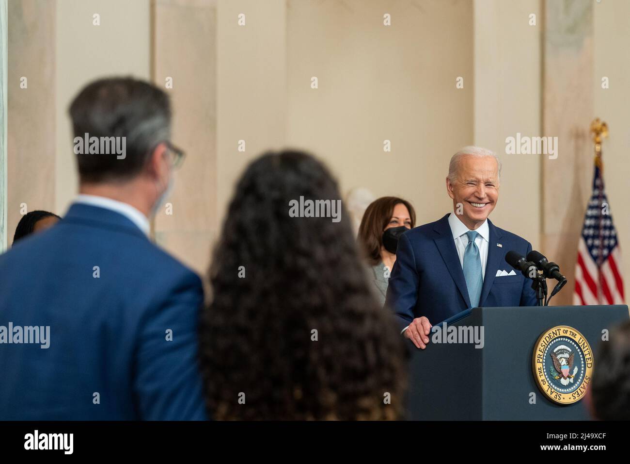President Joe Biden smiles at Judge Ketanji Brown Jackson’s husband and daughter as he announces her nomination to the U.S. Supreme Court, Friday, February 25, 2022, in the Grand Foyer of the White House. (Official White House Photo by Cameron Smith) Stock Photo