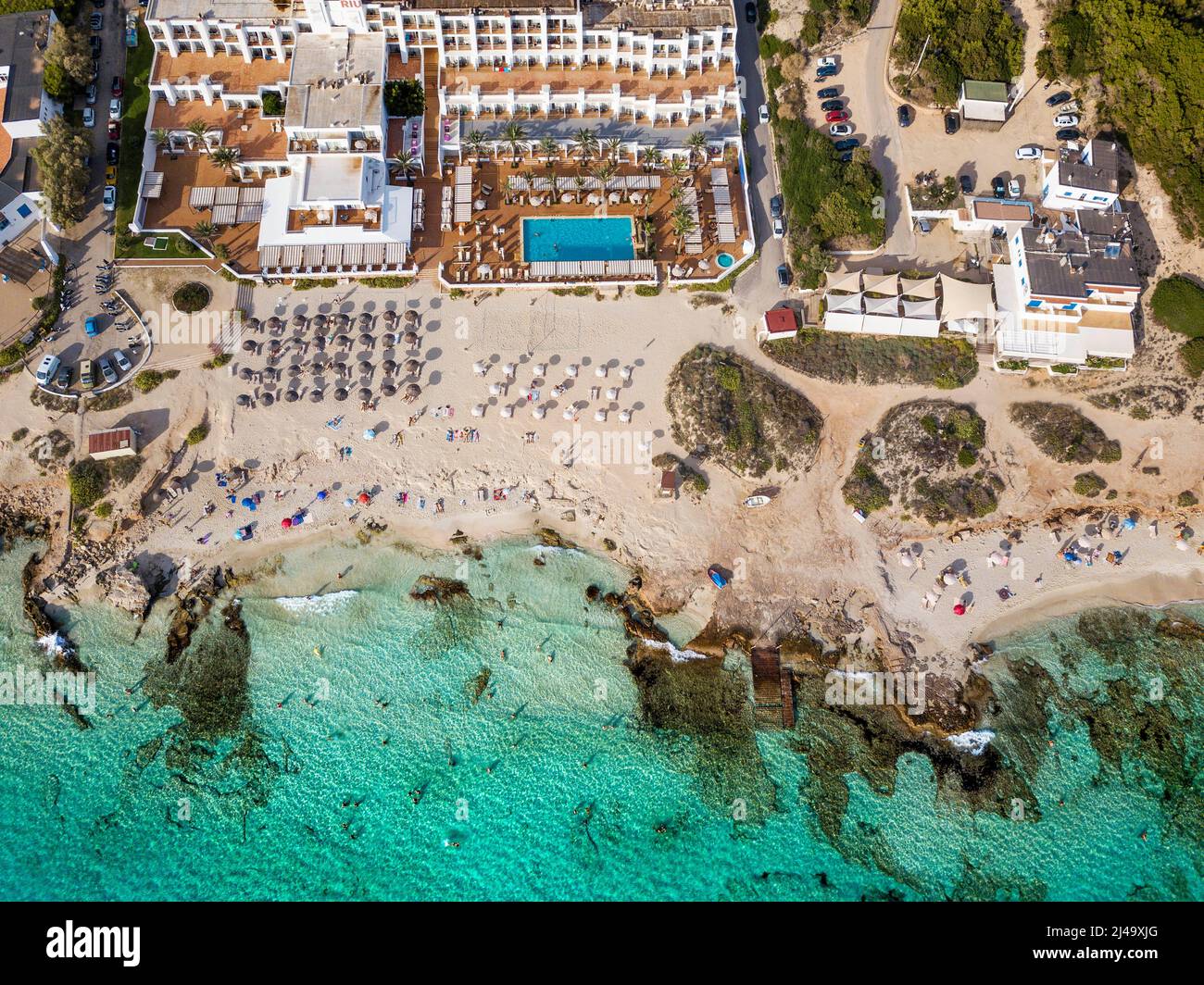 Aerial view of Hotel Riu La Mola in the coastal first line in Es Arenals beach in the Arenal beach coastal near es Caló d´es mort cala beach, with gre Stock Photo