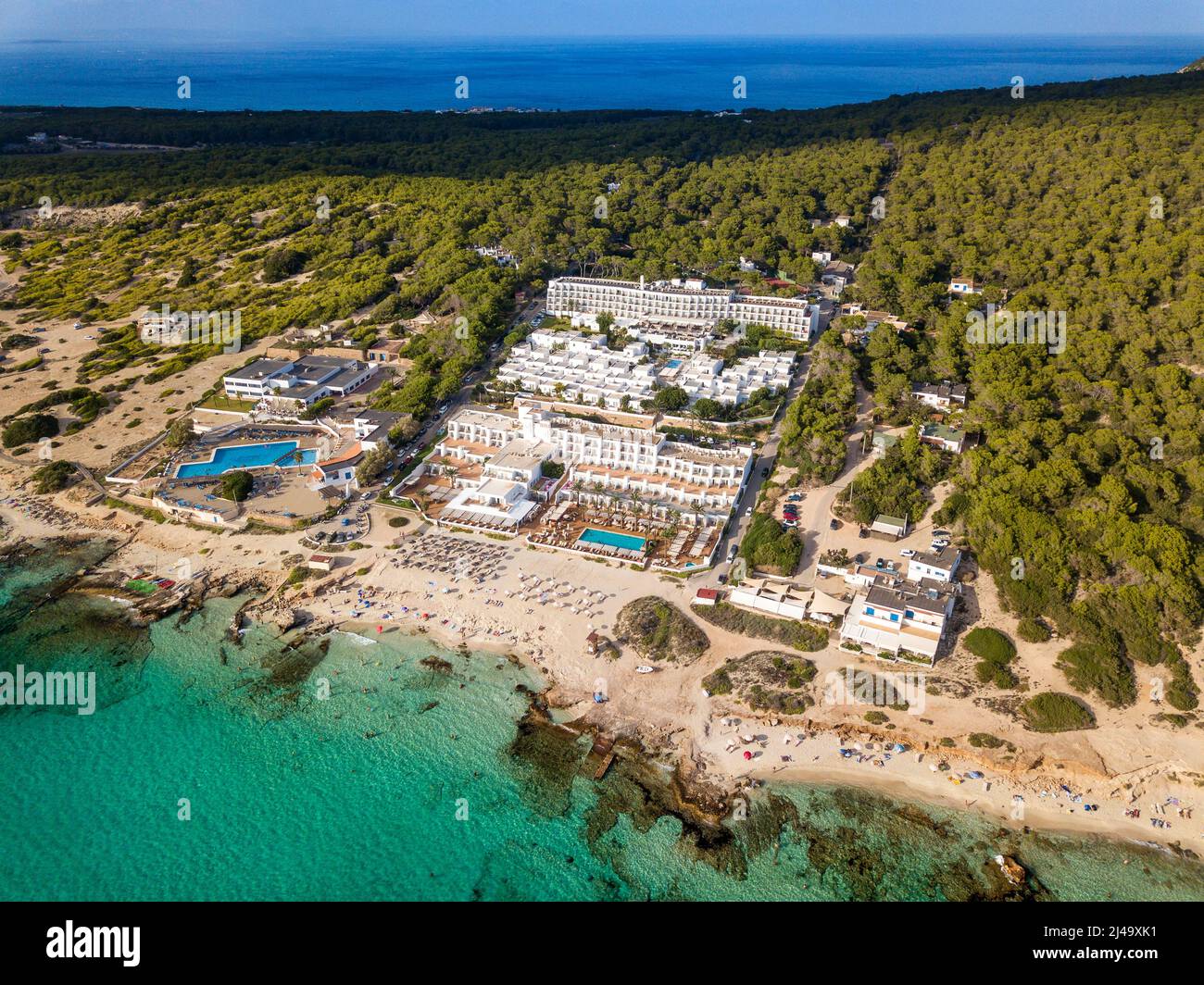 Aerial view of Hotel Riu La Mola and Insotel Club Maryland in the coastal first line in Es Arenals beach in the Arenal beach coastal near es Caló d´es Stock Photo