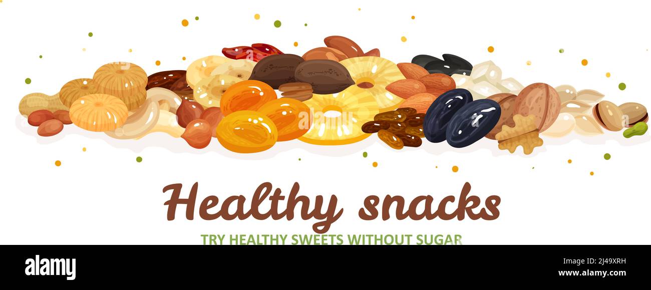 Various nuts and dried fruits for healthy and delicious snack flat