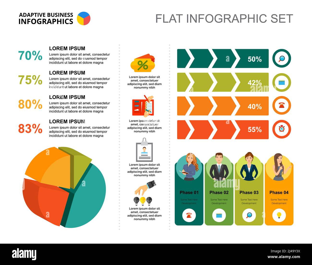 Four phases pie and percentage charts template for presentation. Vector illustration. Diagram, graph, infochart. Vision, management, planning or marke Stock Vector