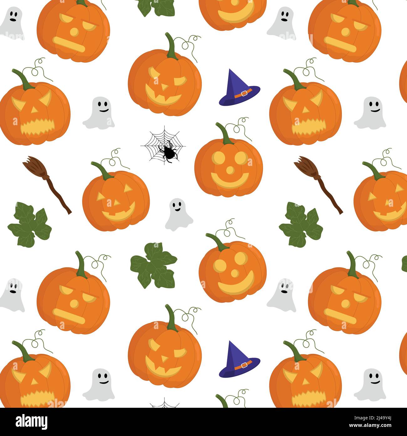 Pumpkin seamless vector pattern. Halloween. Pumpkin with leaves, witch hat, ghosts, broom Stock Vector