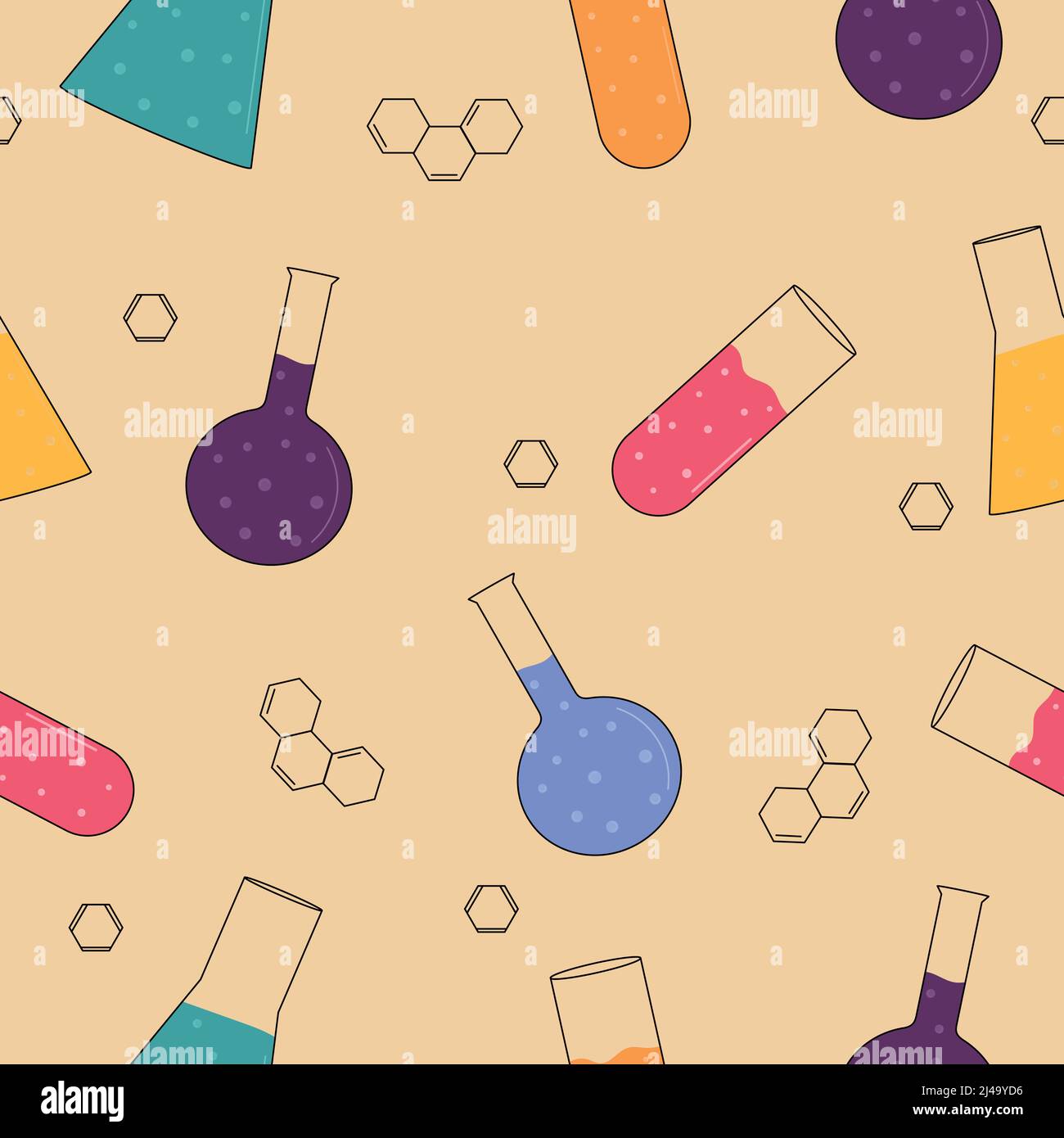 Chemistry seamless pattern. Multicolored chemical flasks on a beige background Stock Vector