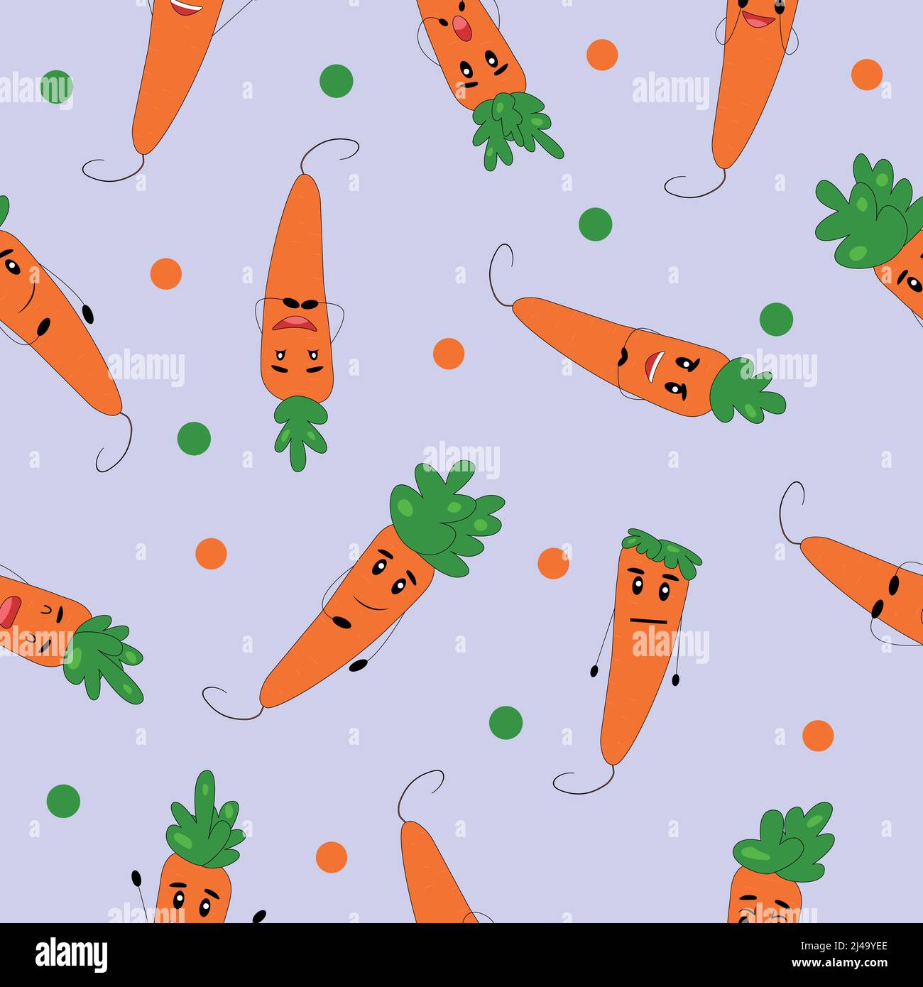 Funny carrot seamless pattern. Carrot with cute faces Stock Vector