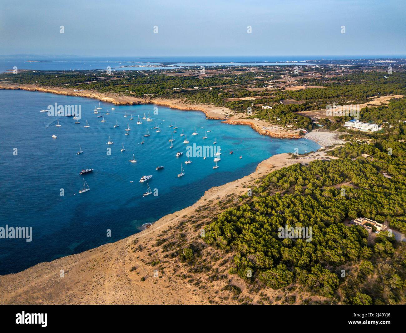 Aerial view of Punta Rasa near Cala Saona at sunset mediterranean best beaches, Formentera Balearic islands, Spain Stock Photo