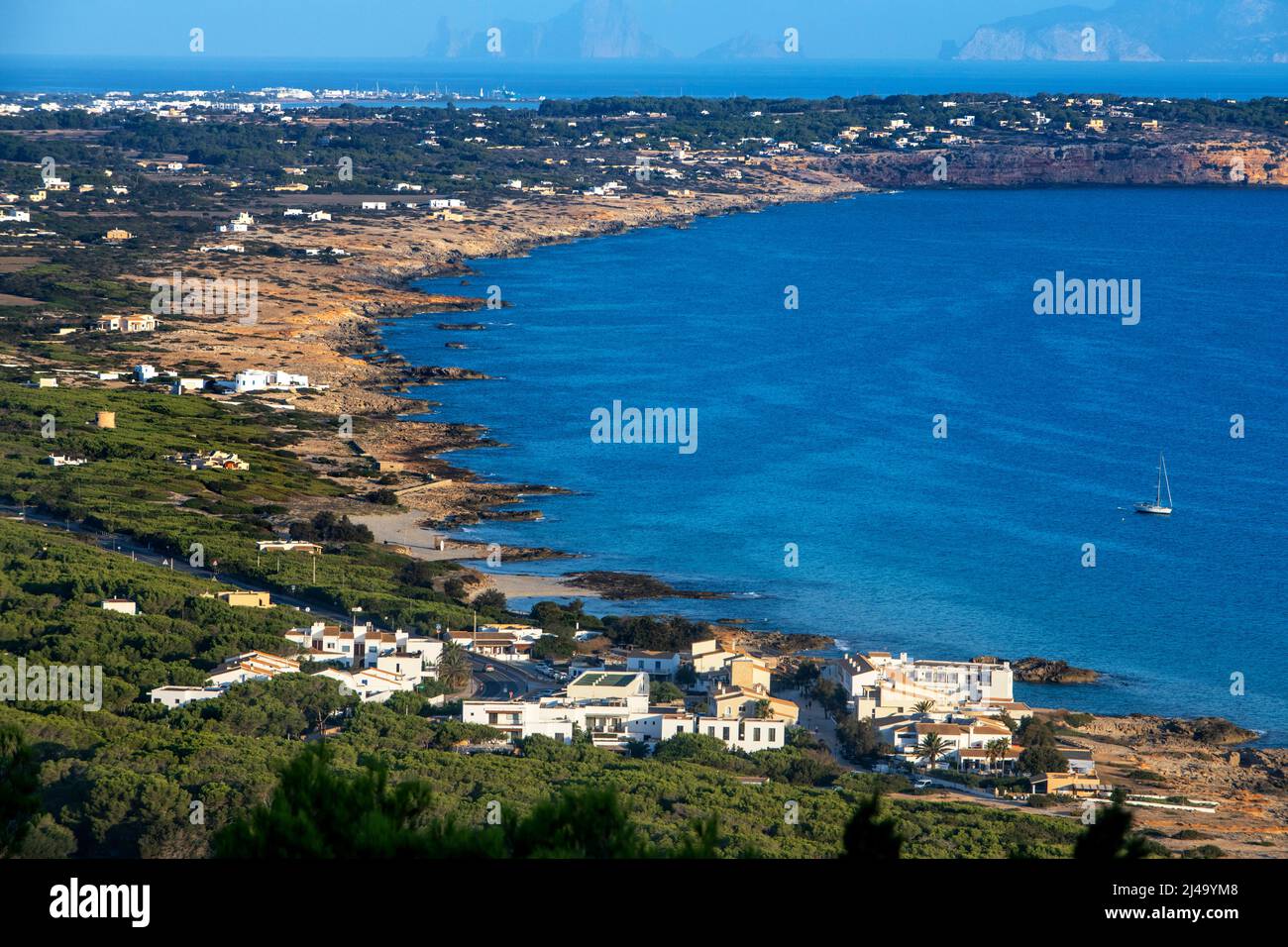 Aerial view. Racó de s'Anfossol, Es Calo de San Agusti beach, Formentera Island, Mediterranean sea, Balearic Islands, Spain. Es Calo de San Agusti wit Stock Photo