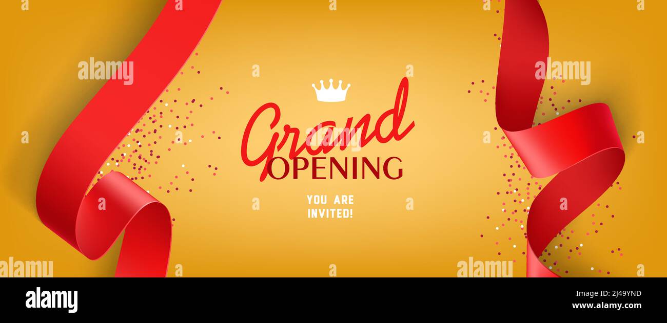 Grand opening invitation design with confetti, red ribbons, and crown. Festive template can be used for banners, flyers, posters. Stock Vector