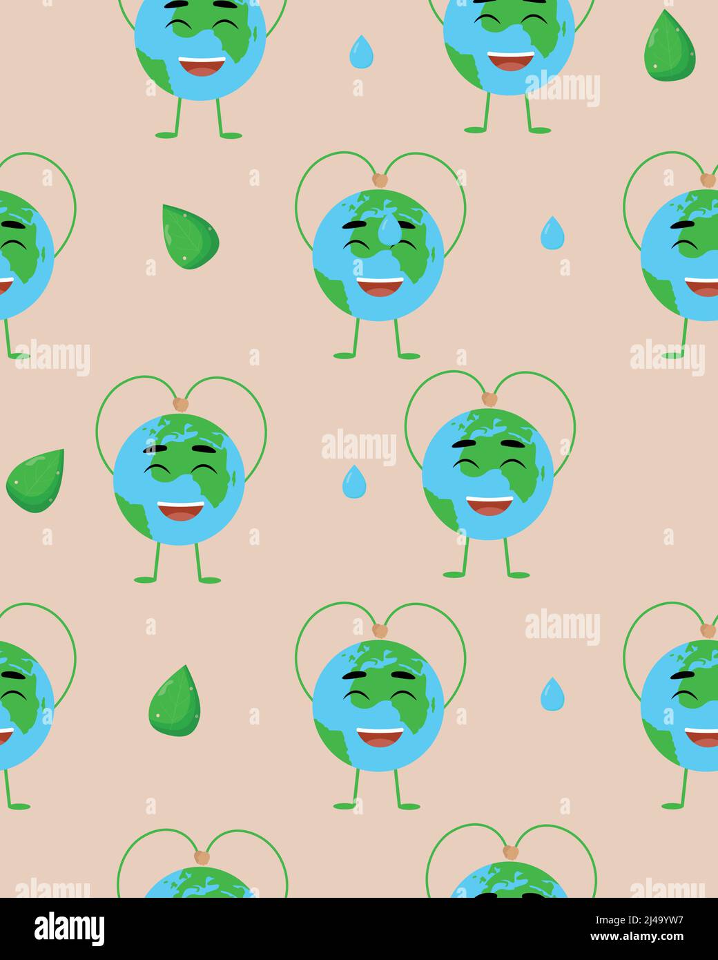 Happy Earth Day seamless pattern. Earth with a funny face. Flat vector illustration Stock Vector