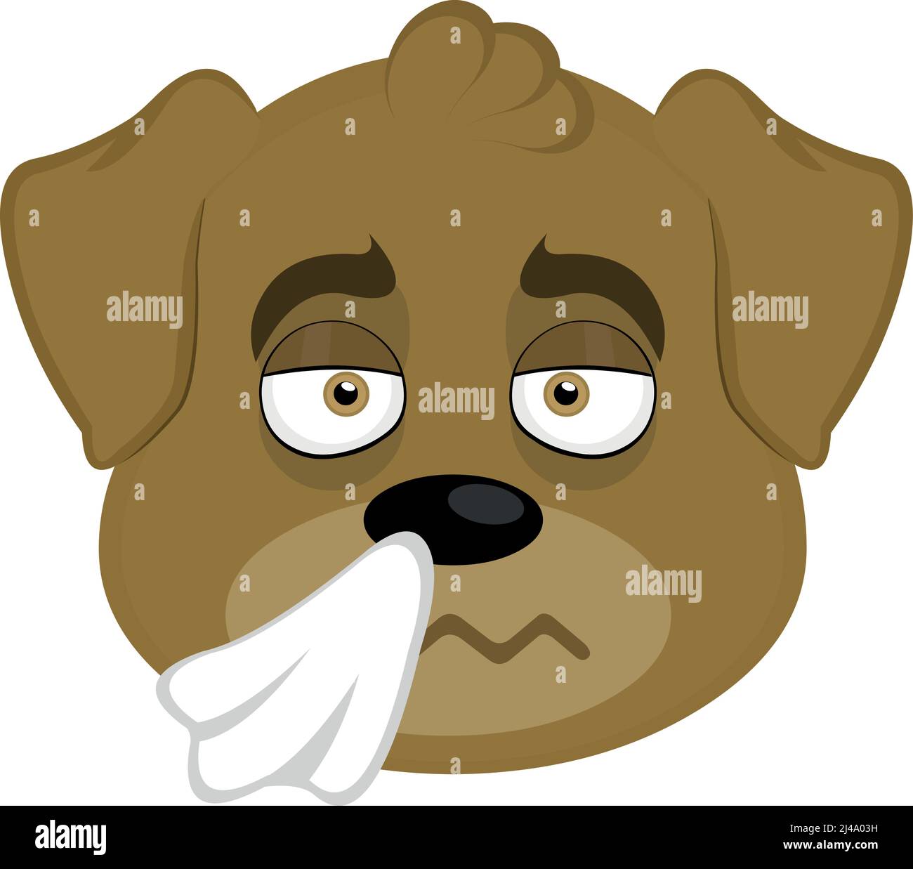 Vector illustration of the face of a cartoon dog with a cold expression and a handkerchief on his nose Stock Vector