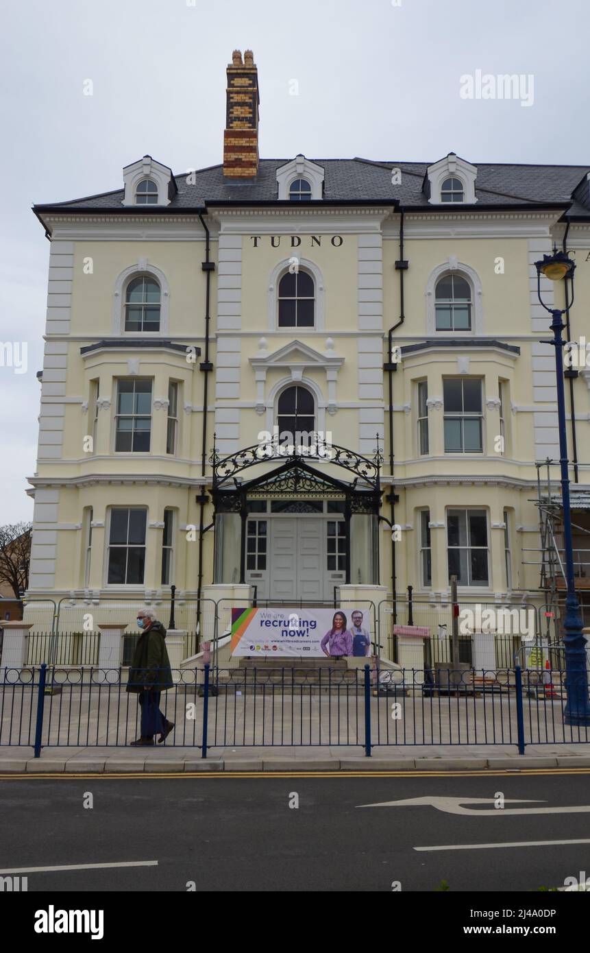 Llandudno, UK: Apr 10, 2022: Rebuilding work of the historic Victorian style Tudno Castle Hotel is nearing completion. The hotel will operate under th Stock Photo