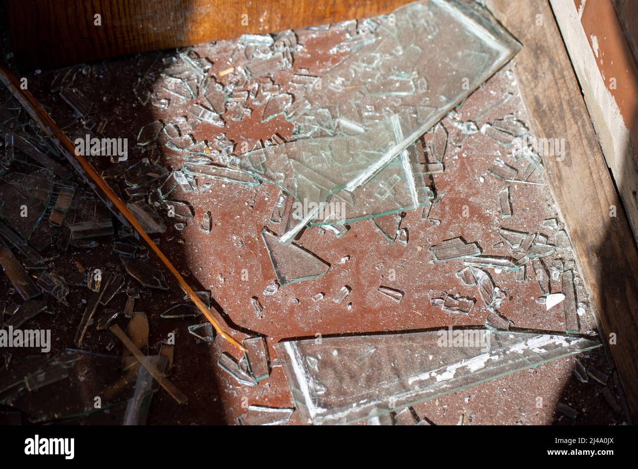 Broken glass from broken windows. Russian army aviation forces bombed ...