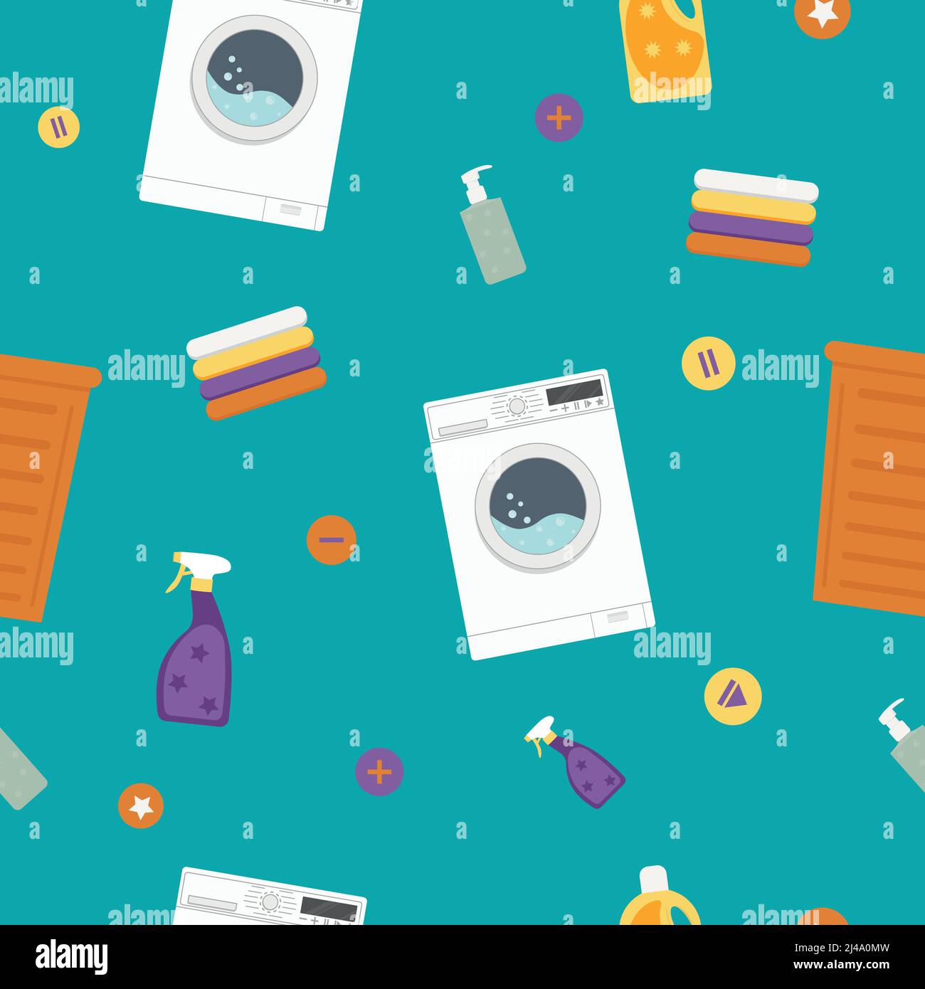 Seamless pattern. Washing machine, laundry basket, towels, detergents ...