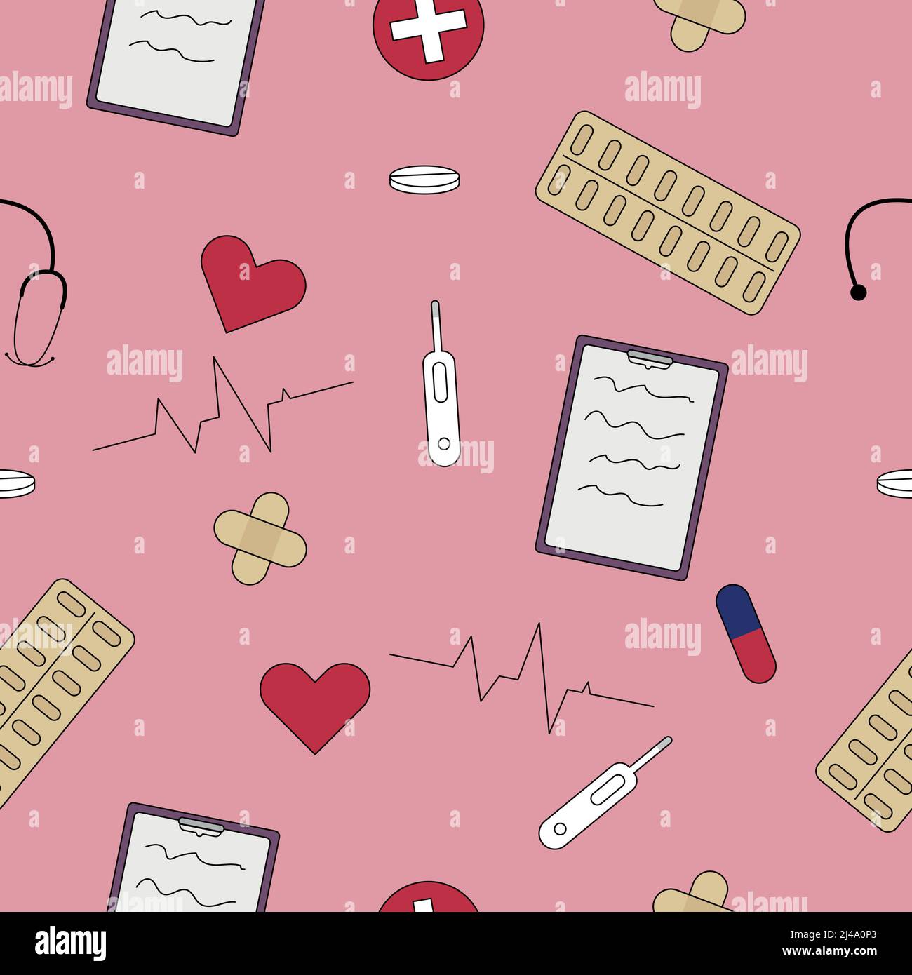 Medicine seamless pattern. Tablet, pills, stethoscope, plaster Stock Vector