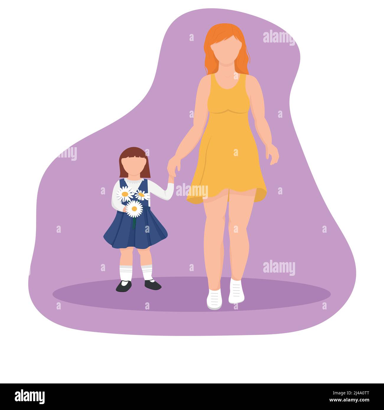 Mom leads the child to school. Child in school uniform Stock Vector