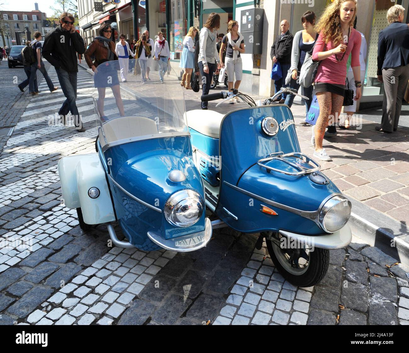 Cezeta La Boheme Motorcycle with Druzeta Sidecar. Bruges, Belgium. The Čezeta is a motor scooter manufactured from 1957 to 1964. Stock Photo