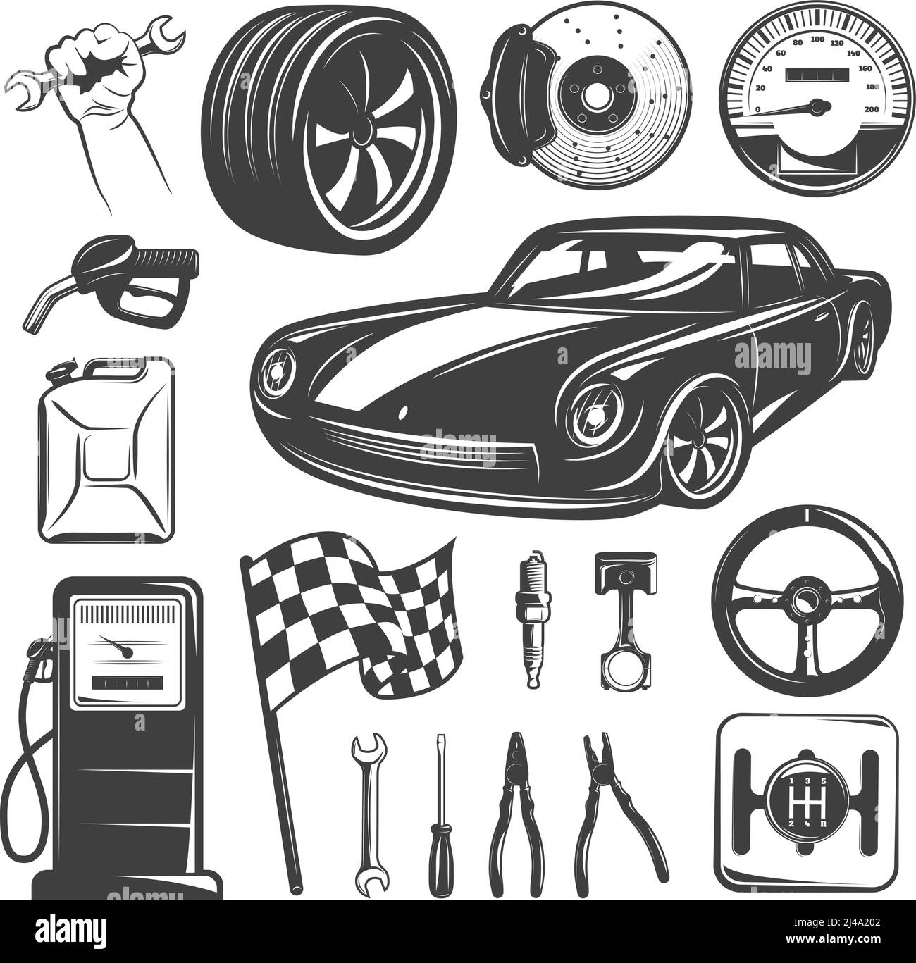 Car repair garage black isolated icon set with tools accessories