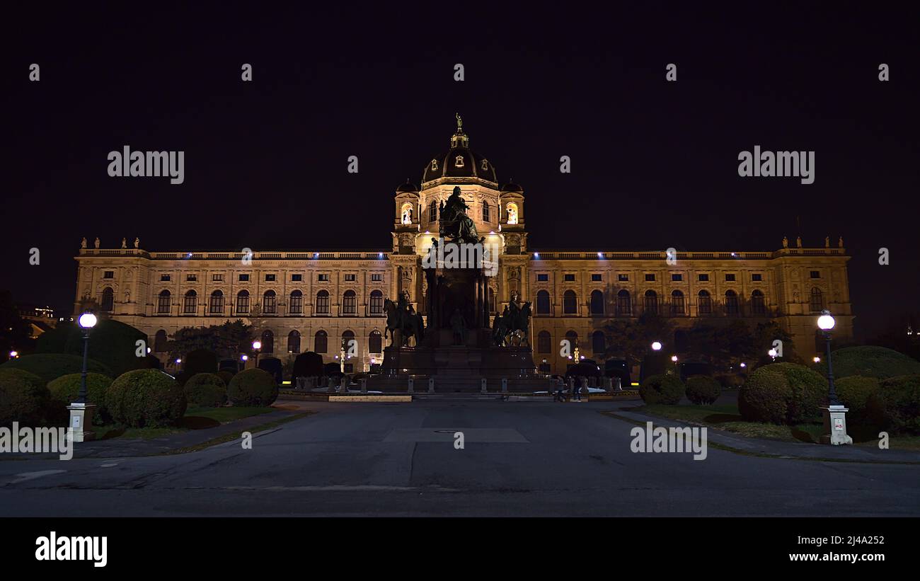 Front view of the famous Natural History Museum (NHM) of Vienna, Austria at night in the historic downtown with illuminated facade, monument. Stock Photo