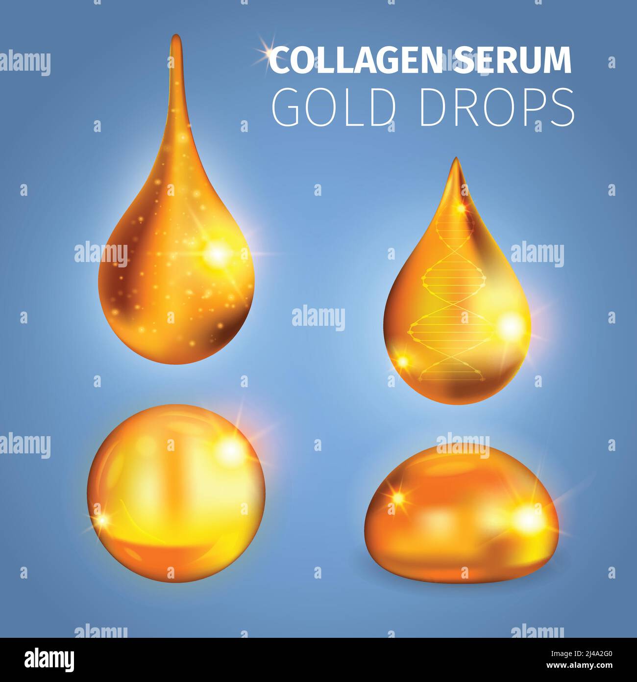 Collagen serum golden drops with shiny surface specks of light dna