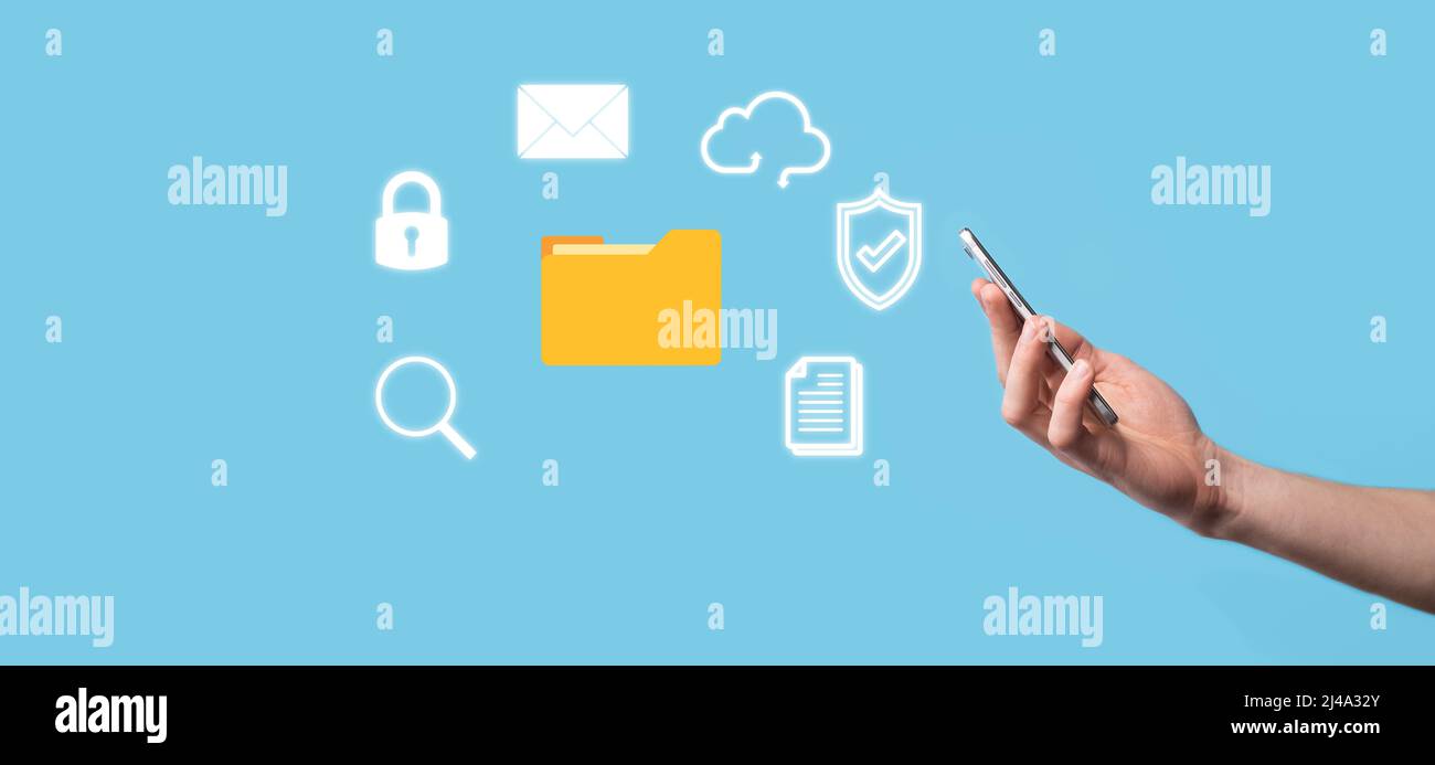 Document Management System DMS .Businessman hold folder and document ...