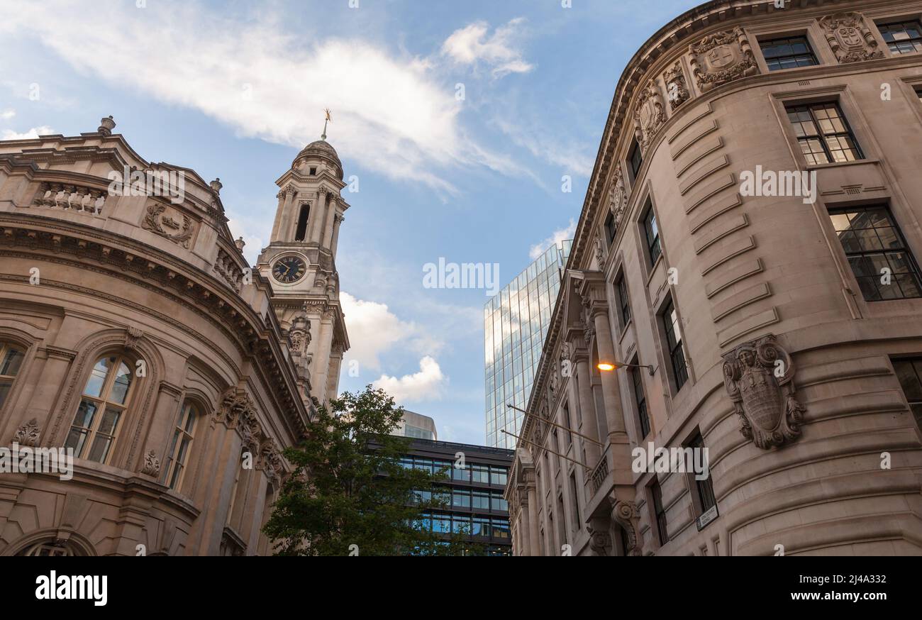 Skyline with the Royal Exchange, London, UK. It was founded in the 16th century by the merchant Sir Thomas Gresham on the suggestion of his factor Ric Stock Photo