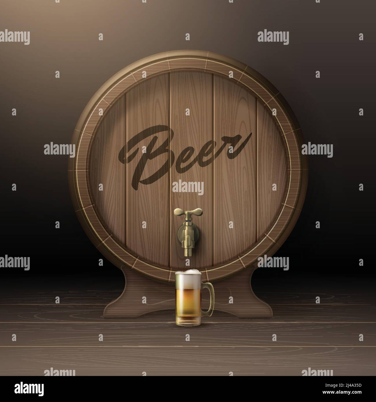 Vector old wooden barrel on rack with bronze stopcock and glass mug of