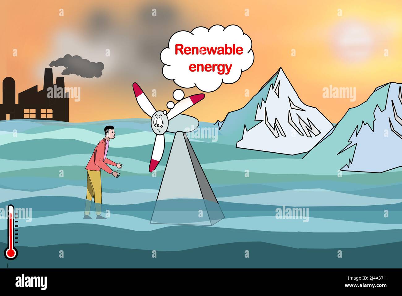 Global warming, climate change, sea level rise, temperature rise, green house gases, renewable energy, and glacier melting concept illustration Stock Photo