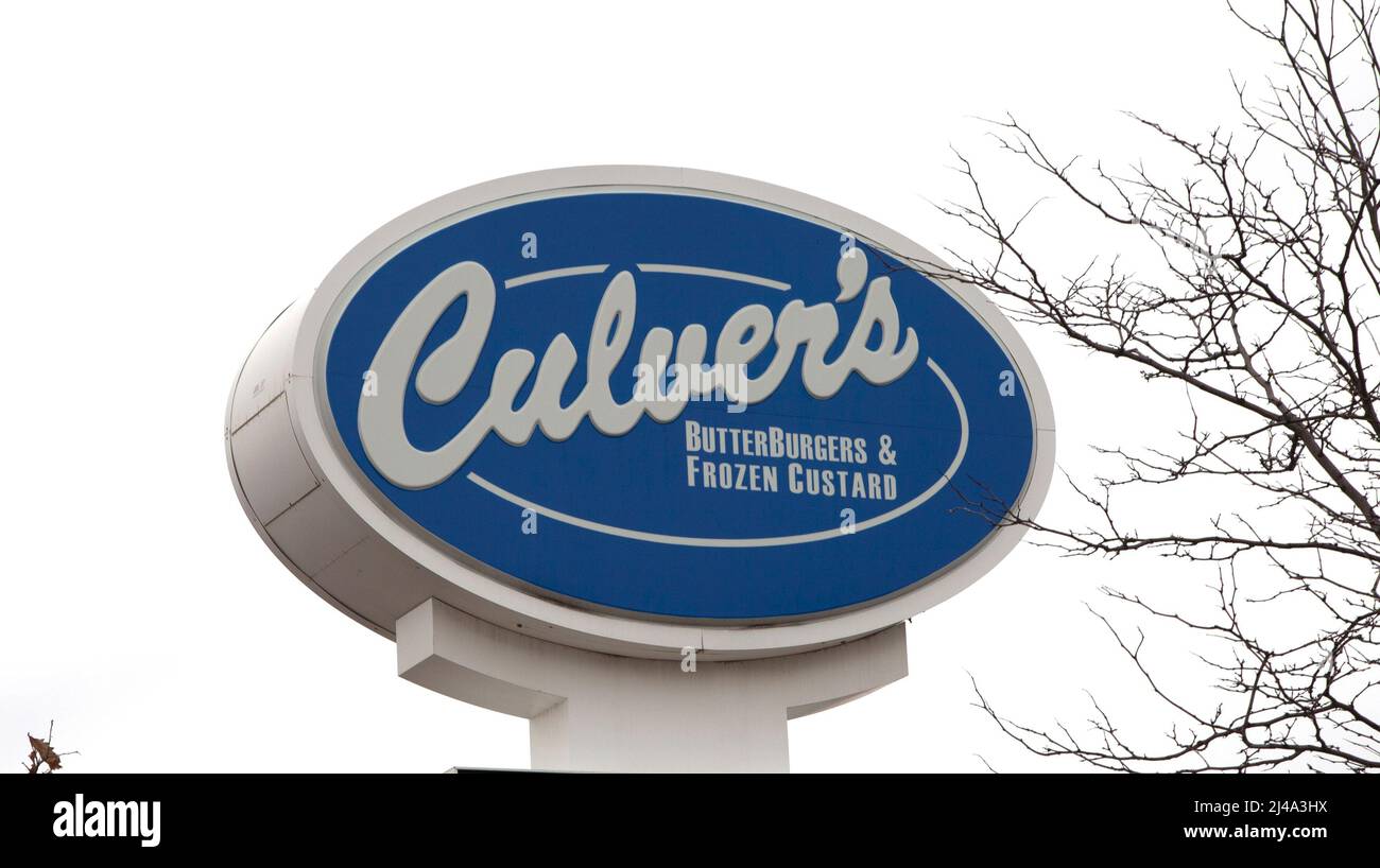 Blue stand alone sign for Culver's fast food restaurant. St Paul Minnesota MN USA Stock Photo