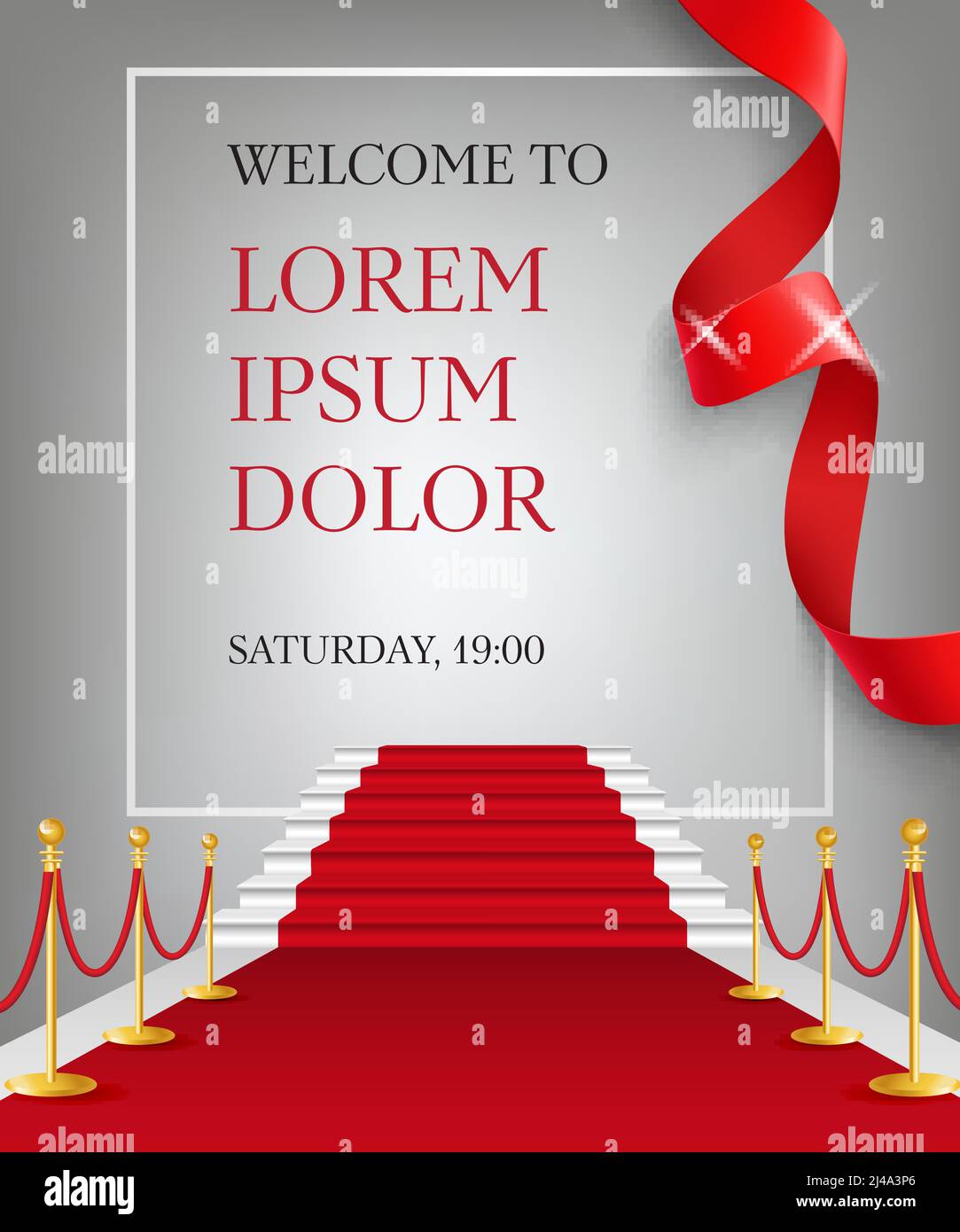 Welcome to lettering with red carpet entrance. Party invitation design. Typed text, calligraphy. For leaflets, brochures, invitations, posters or bann Stock Vector