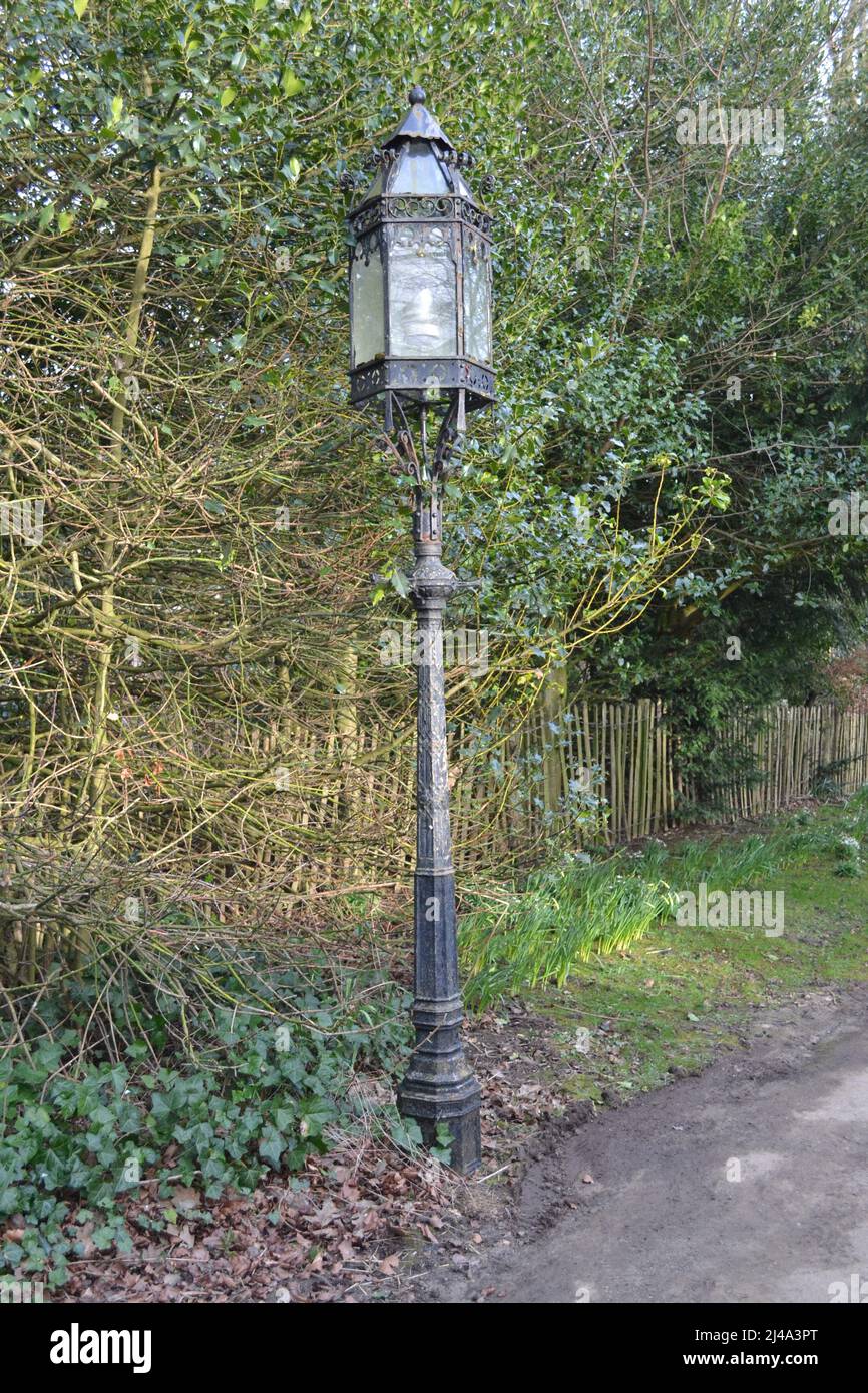 Old Fashioned Pathway Light in Church Grounds - Sledmere - Yorkshire - Dark Night Lighting - East Ridings - UK Stock Photo