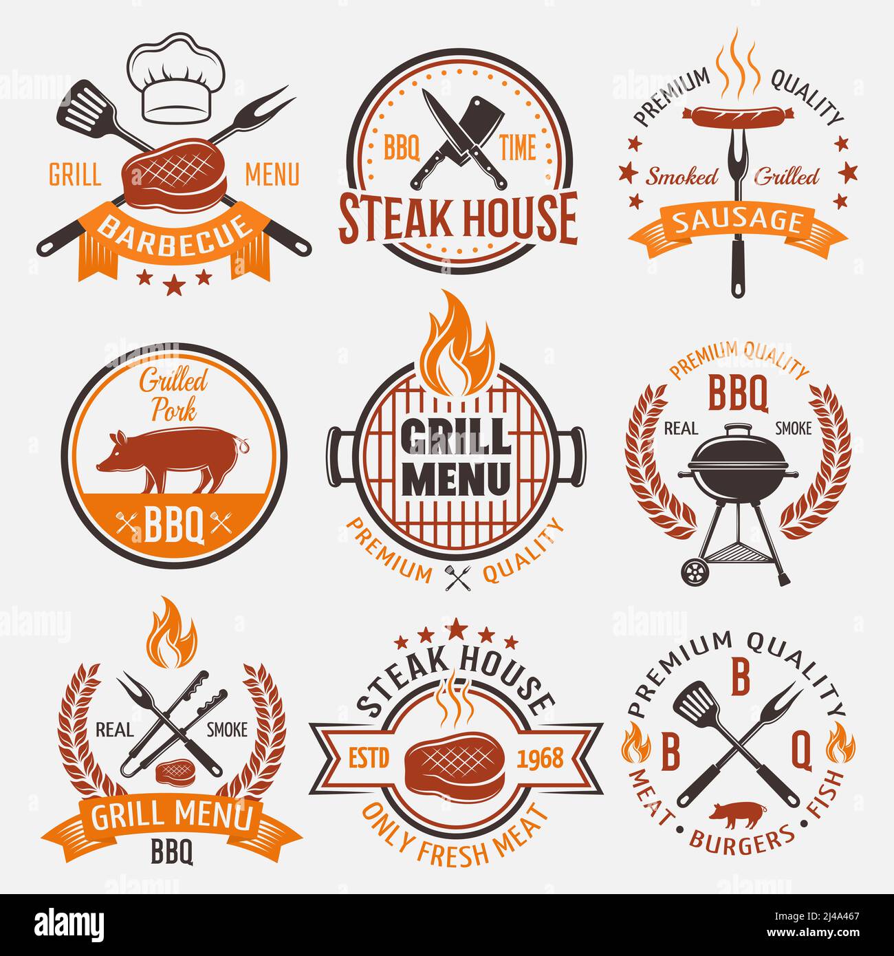 BBQ retro style emblems with fire cooking tools fresh roasted meat pig stars isolated vector illustration Stock Vector