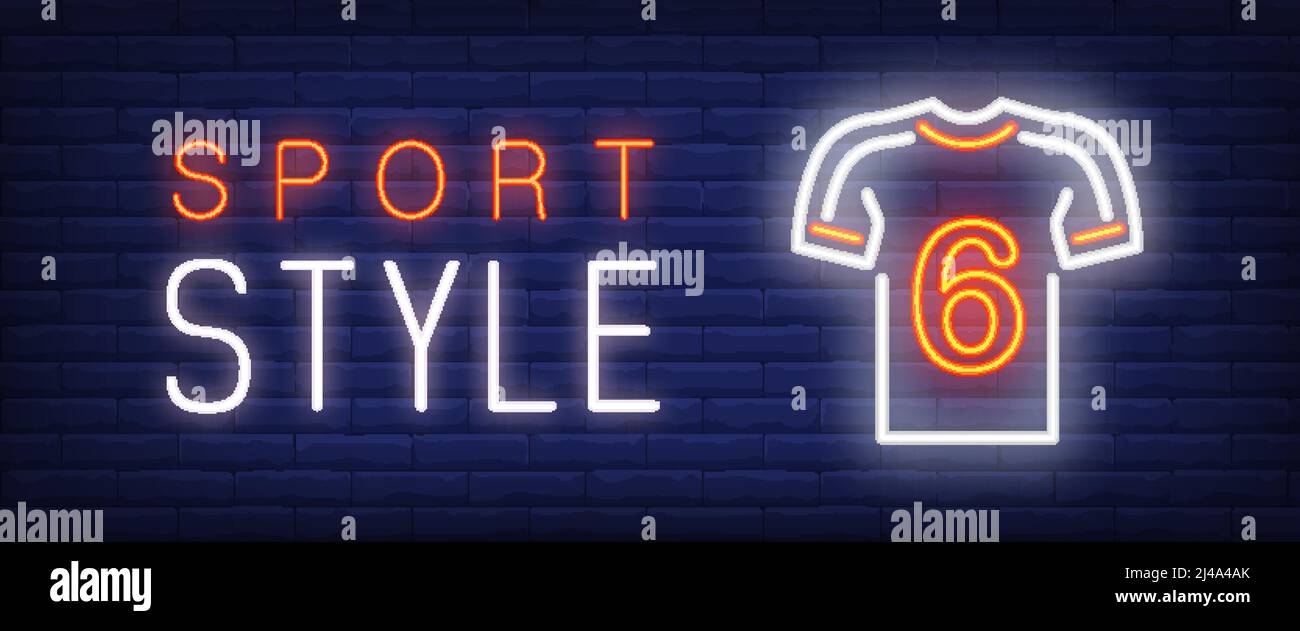 style neon text and t-shirt. Sports shop advertisement design. Night bright neon sign, colorful light banner. Vector illustration in Vector Image & Art - Alamy