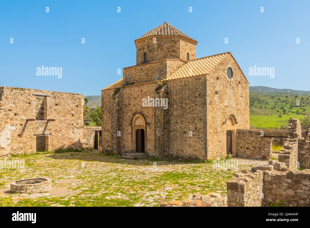 Ruins of Panagia tou Sinti ortodox Monastery with temple in the center, Cyprus Stock Photo