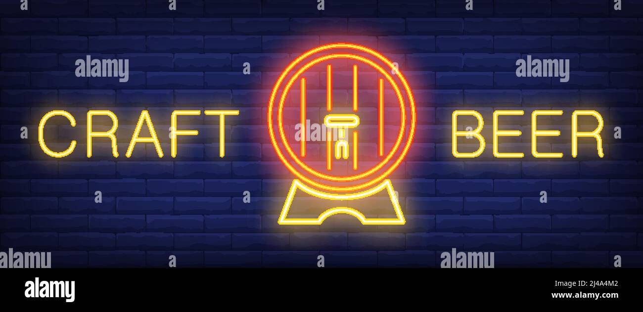 Craft beer neon style banner. Text and barrel on brick background. Night bright advertisement. Can be used for signs, posters, billboards Stock Vector