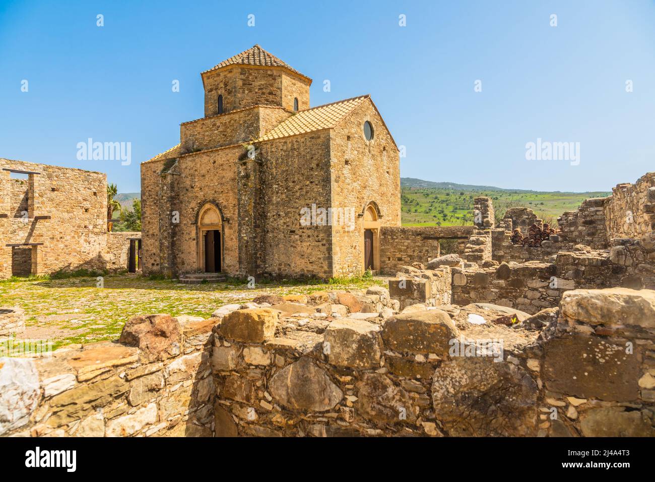 Ruins of Panagia tou Sinti ortodox Monastery with temple in the center, Cyprus Stock Photo