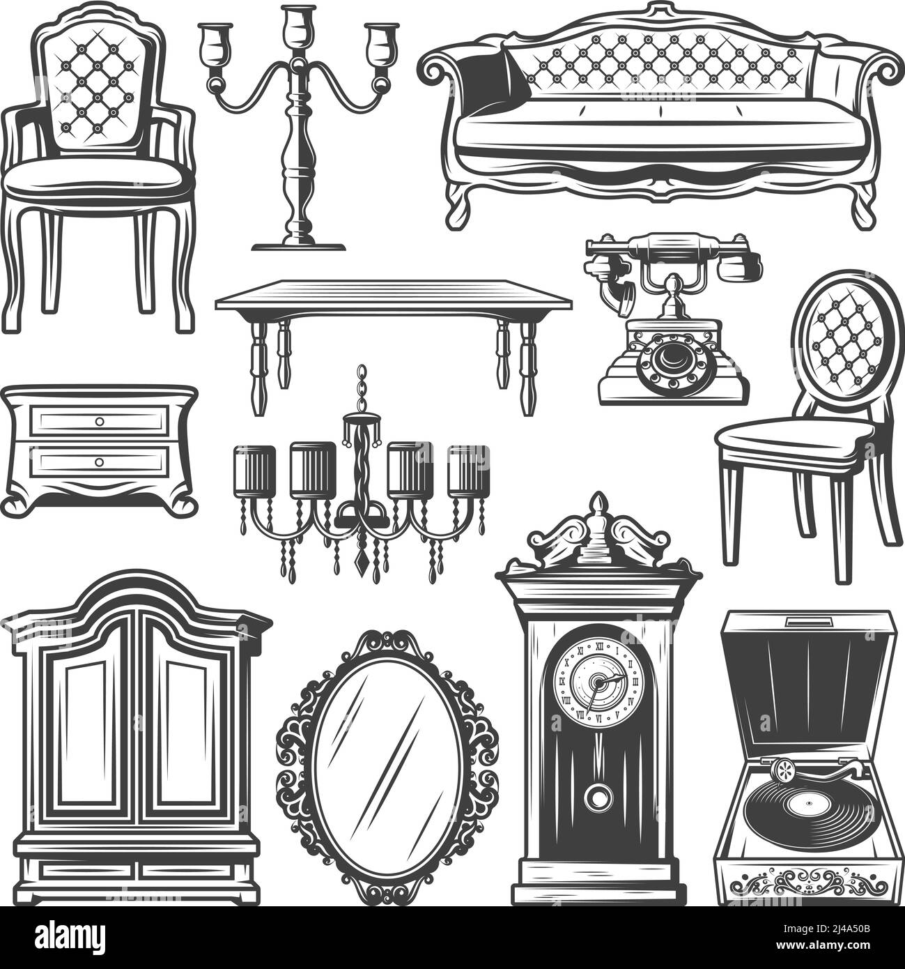 Vintage furniture elements set with chair sofa chandelier candlestick