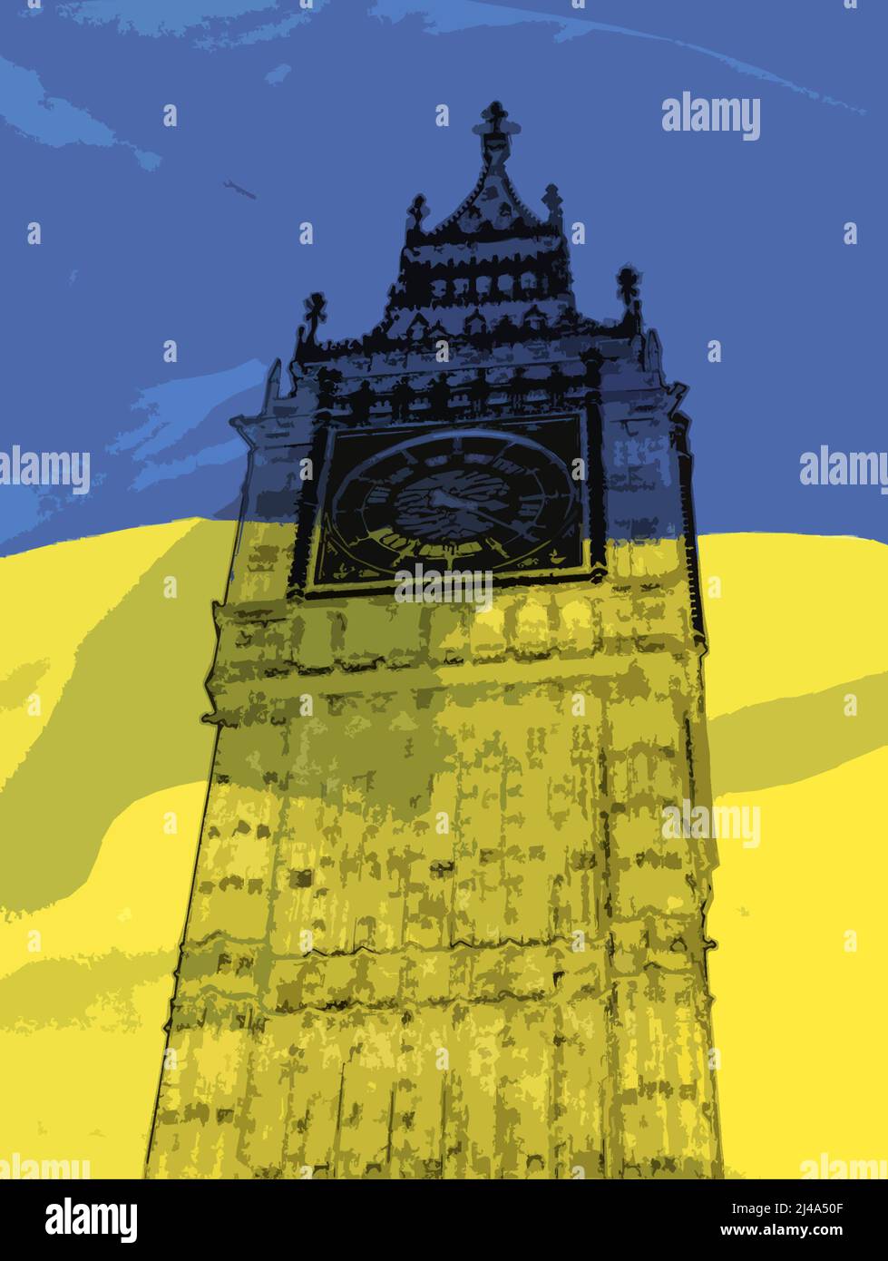 Digital art of Ukraine flag, superimposed over a image of Big Ben's Elizabeth Tower, British Houses of Parliament, illustrating support for Ukraine Stock Photo