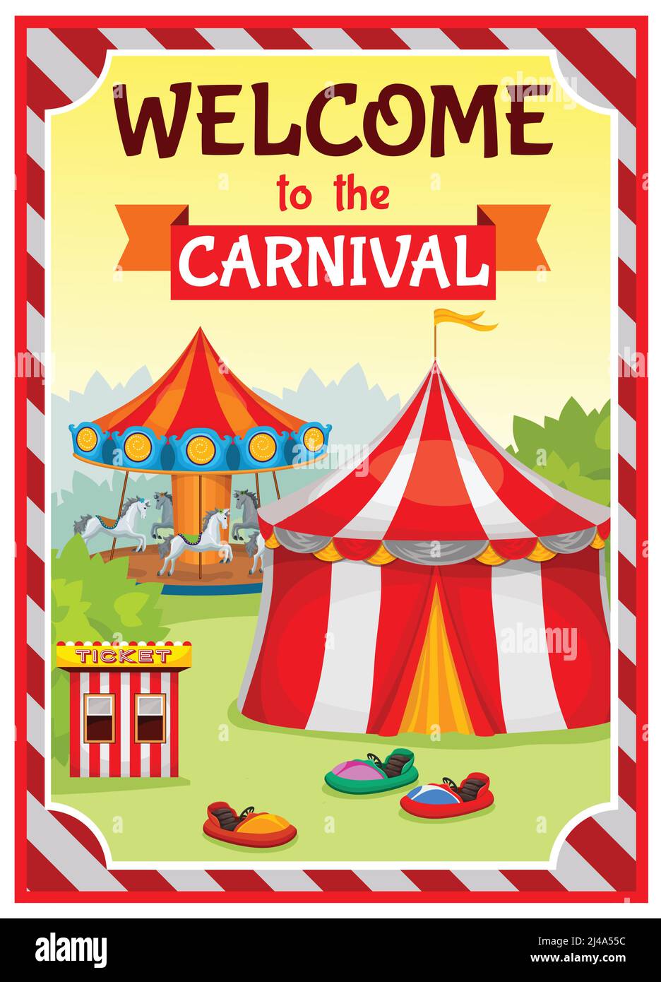 Amusement park poster with circus tent and carousel on natural ...