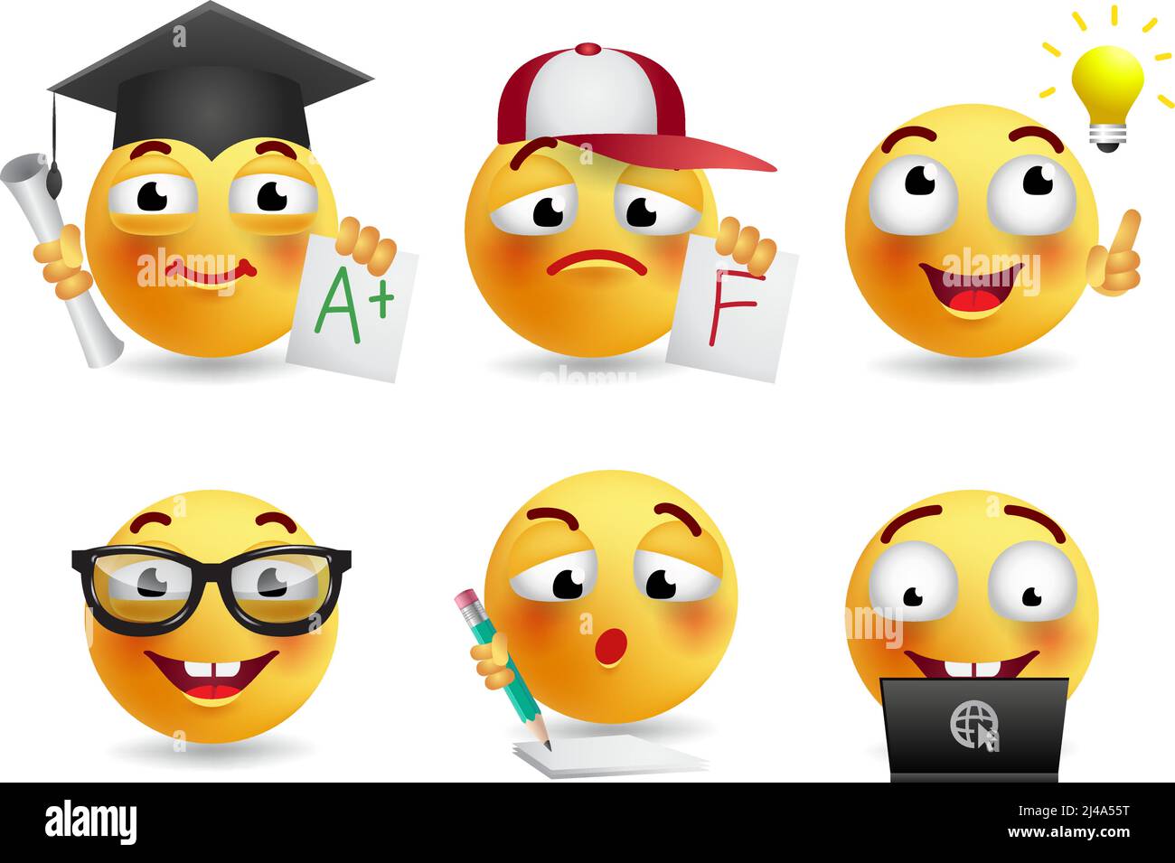 Set of smileys realistic vector illustration. Emoticon, emotion, back to school. Cute characters for app design, mobile application. Stock Vector