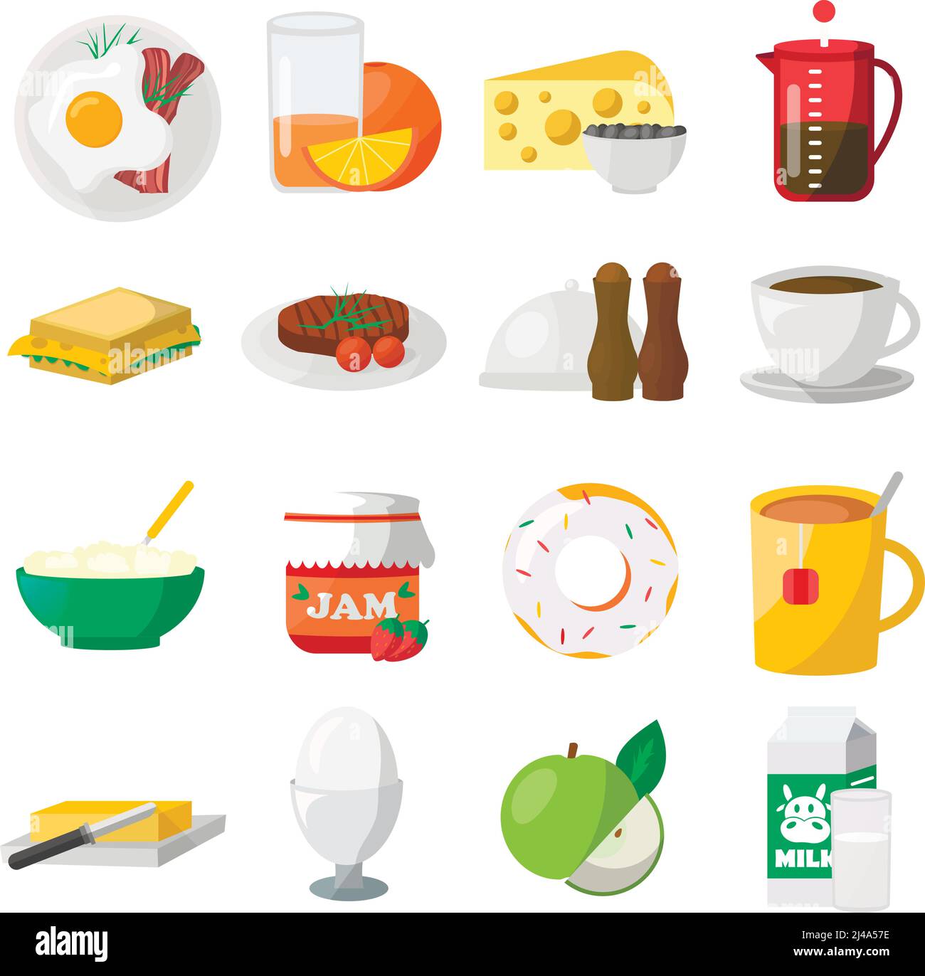 Breakfast colorful icons with fresh fruit dairy products eggs dishes hot beverages and sweets isolated vector illustration Stock Vector