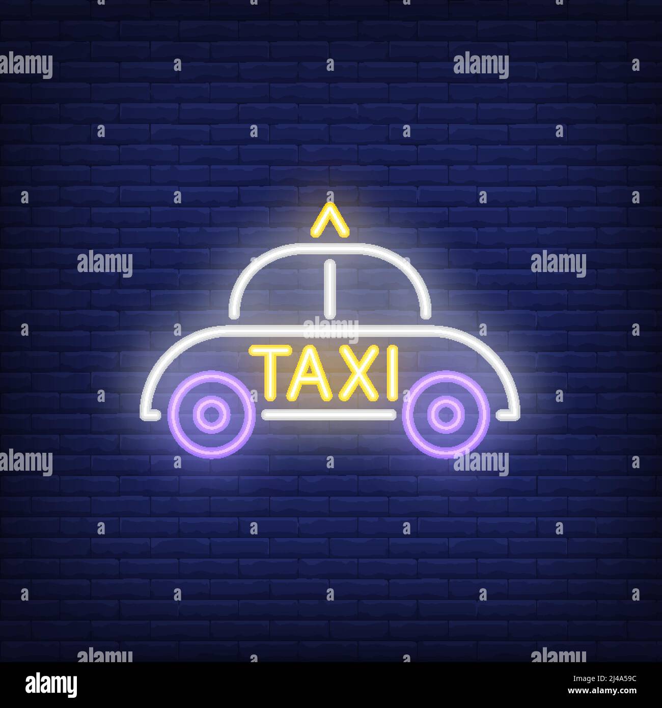 Cab neon sign. White car with taxi inscription on doors. Night bright advertisement. Vector illustration in neon style for public transport and taxi s Stock Vector