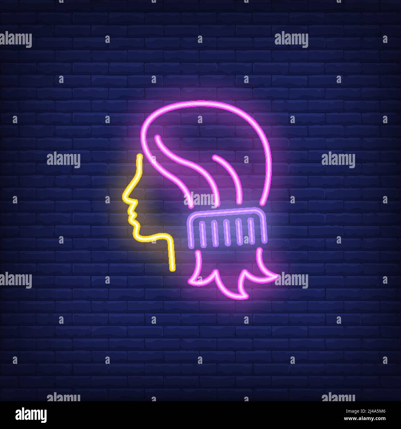 Comb combing woman hair neon sign. Hairdressing salon, style and fashion concept. Advertisement design. Night bright colorful billboard, light banner. Stock Vector