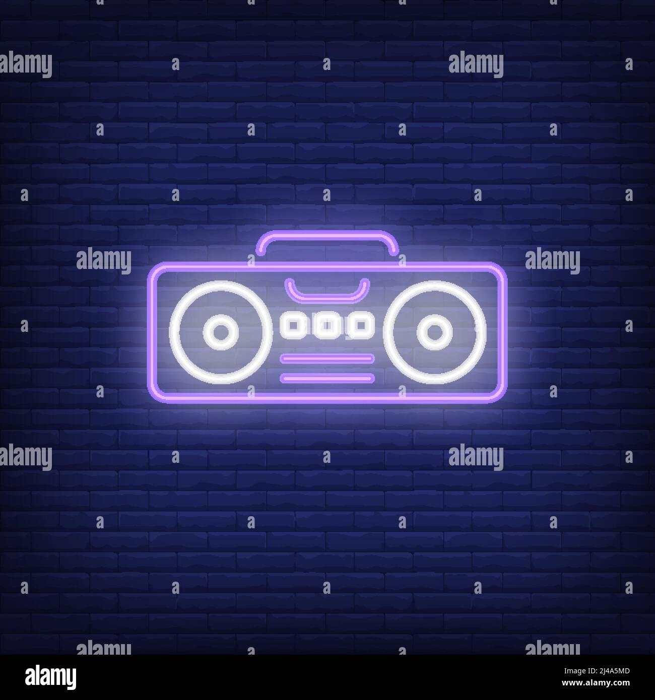 Boombox neon sign. Luminous signboard with tape recorder. Night bright advertisement. Vector illustration in neon style for music, urban culture Stock Vector