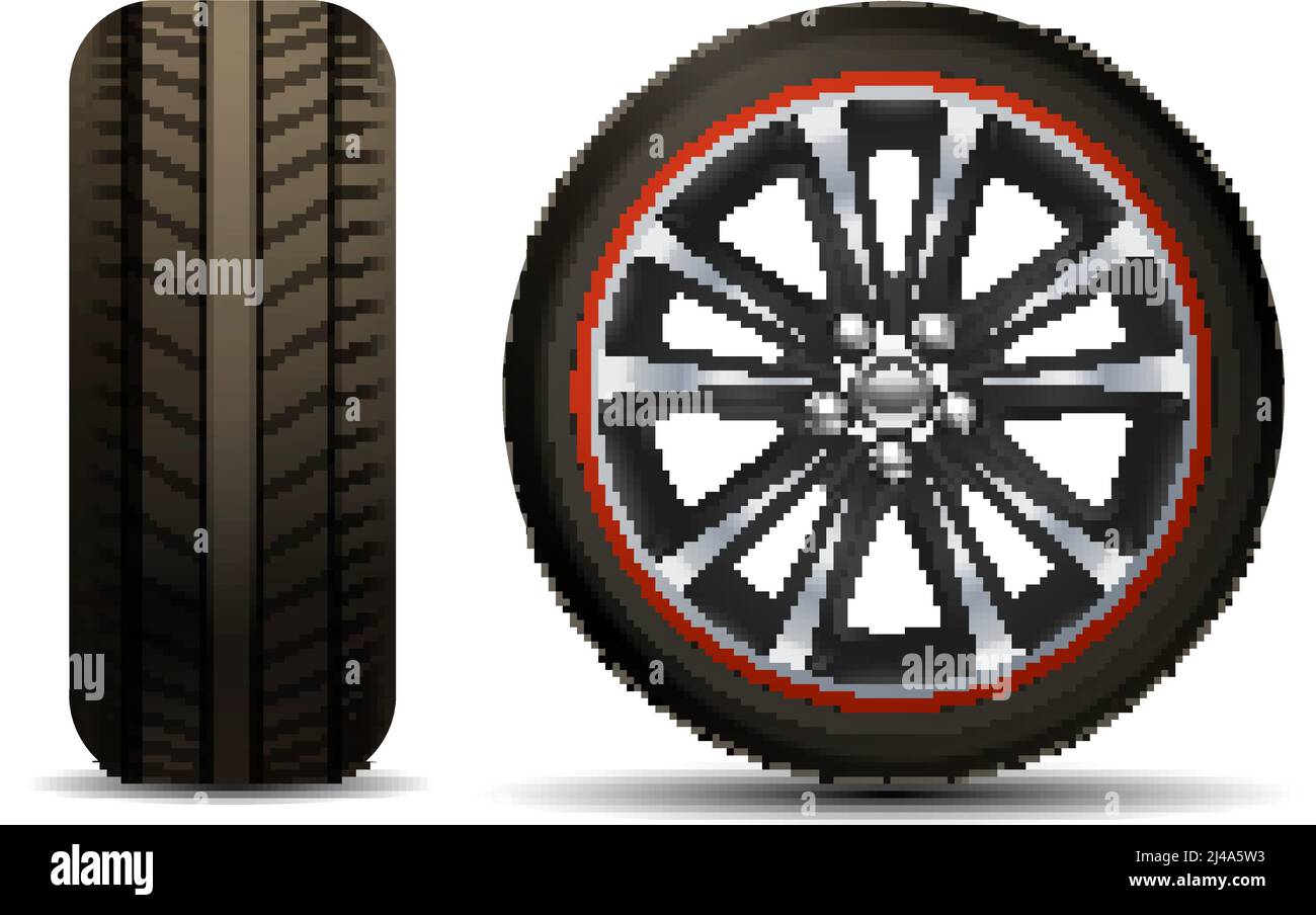 Realistic shining disk car wheel tyre set isolated vector illustration Stock Vector