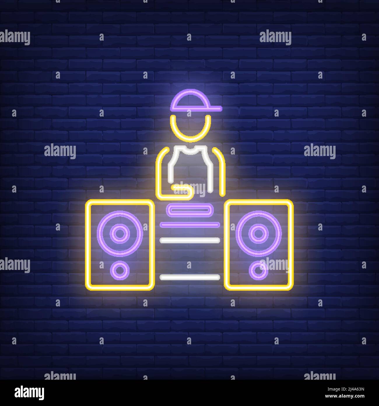 Disc jockey neon sign. Luminous signboard with dj at turntable. Night bright advertisement. Vector illustration in neon style for music, party, nightl Stock Vector
