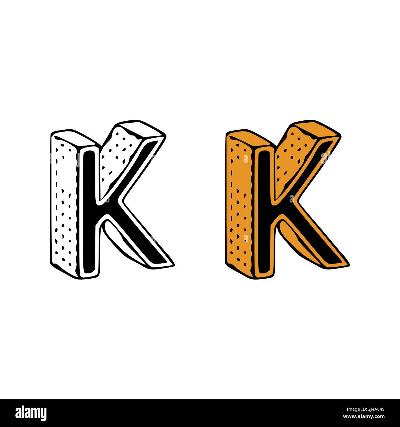 Isometric letter k doodle vector illustration on white background
